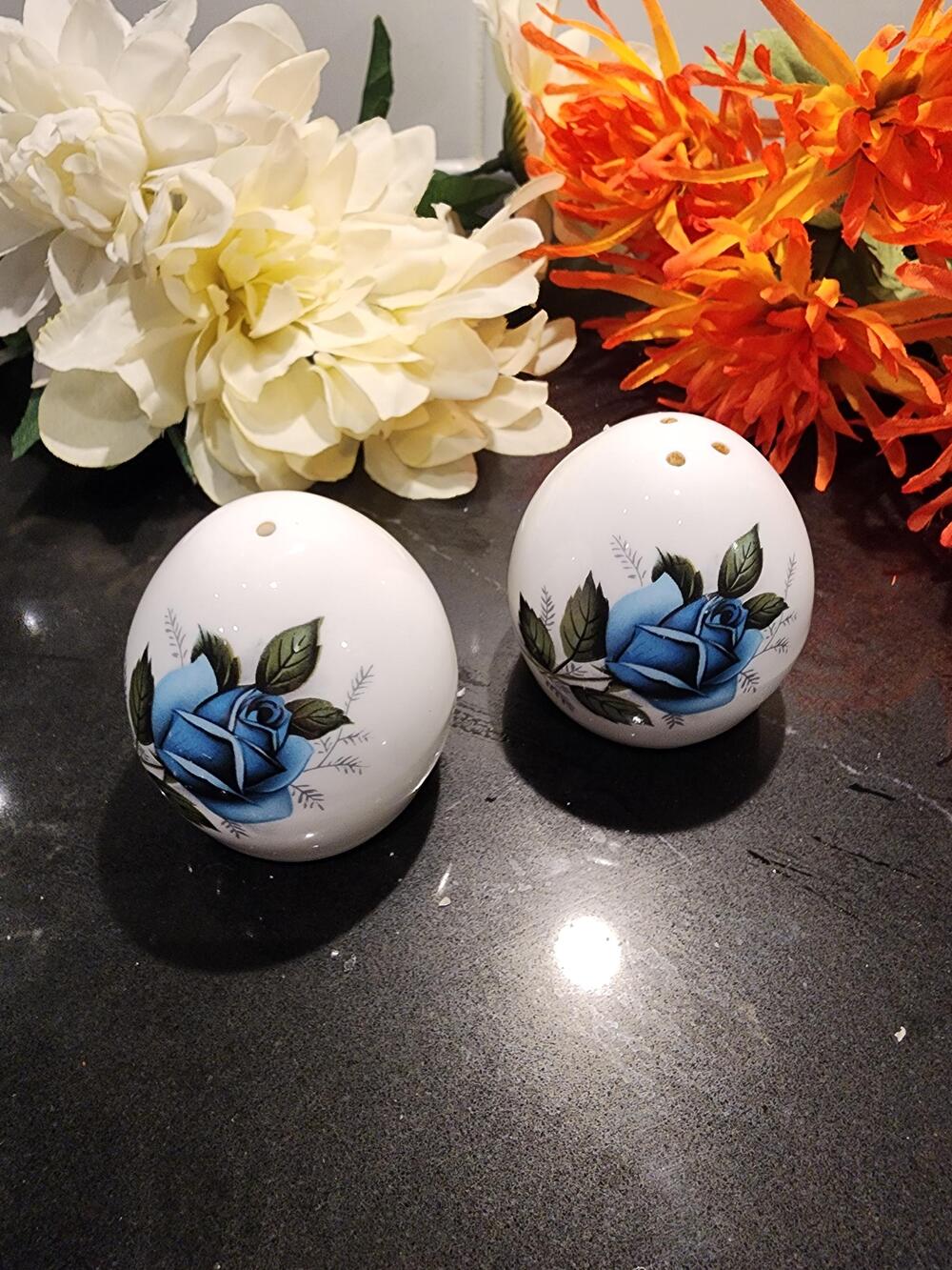 Vintage Sandford Bone China Shakers | Blue Rose Floral, England